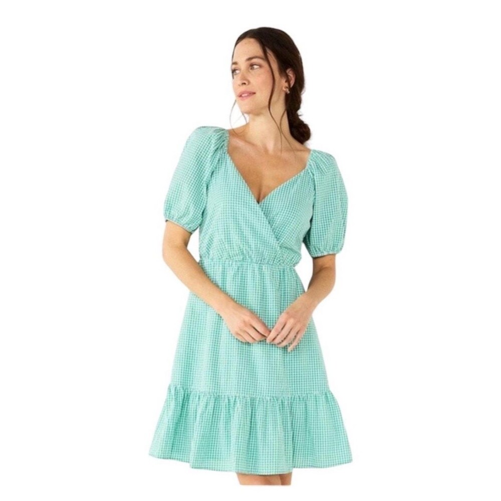 Draper James Cotton Green Gingham Puff-Sleeve Wrap Midi Dress Size S